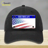 Michigan with American Flag Novelty License Plate Hat Unconstructed Cotton / Black