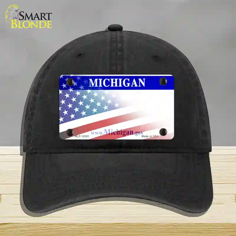 Michigan with American Flag Novelty License Plate Hat Unconstructed Cotton / Black