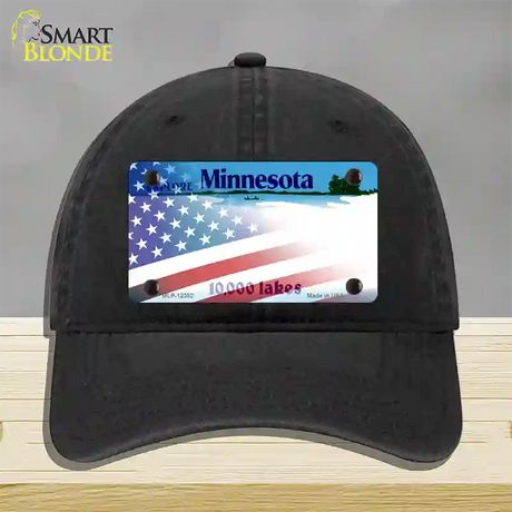 Minnesota with American Flag Novelty License Plate Hat Unconstructed Cotton / Black