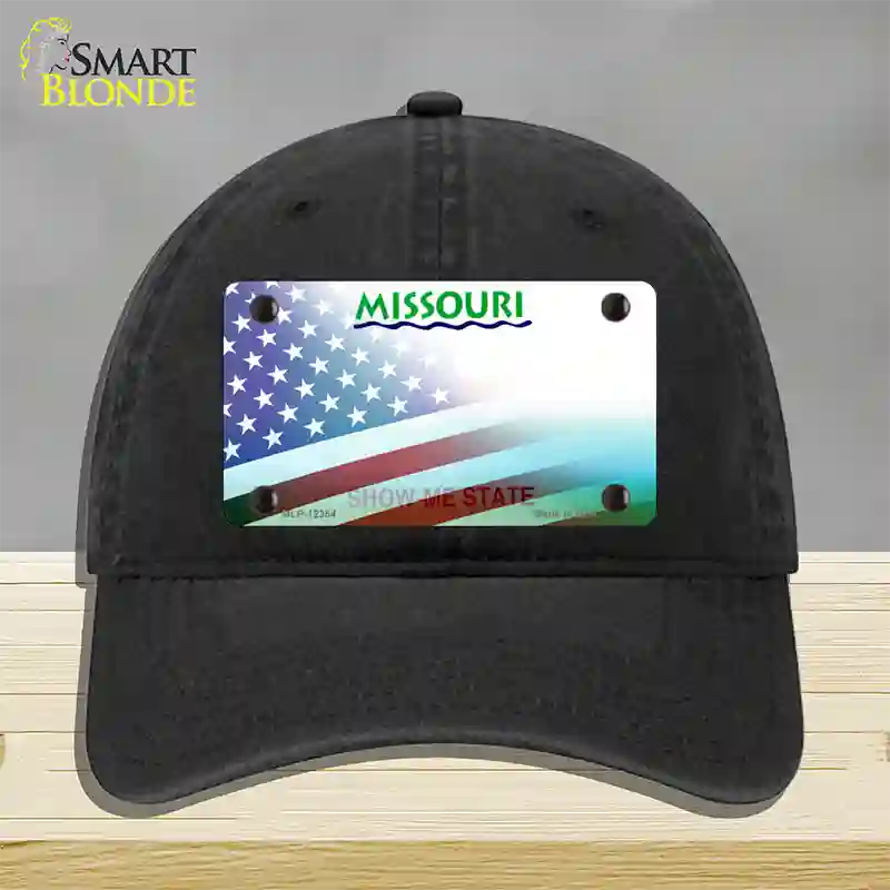 Missouri with American Flag Novelty License Plate Hat Unconstructed Cotton / Black