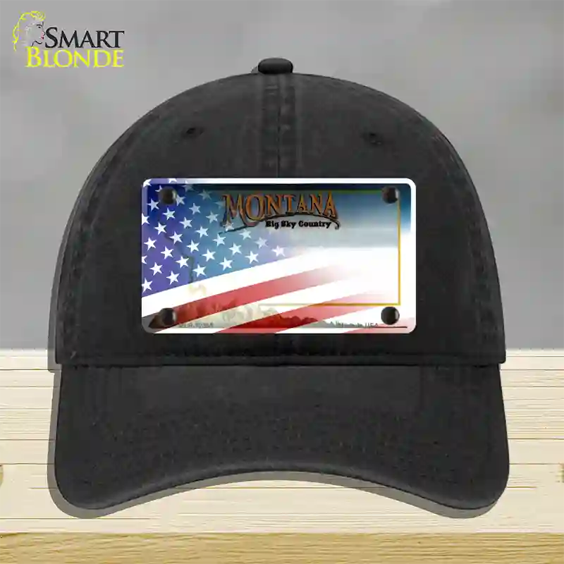 Montana with American Flag Novelty License Plate Hat Unconstructed Cotton / Black