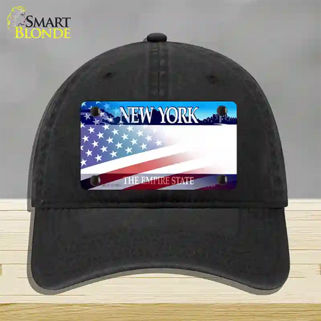 New York with American Flag Novelty License Plate Hat Unconstructed Cotton / Black