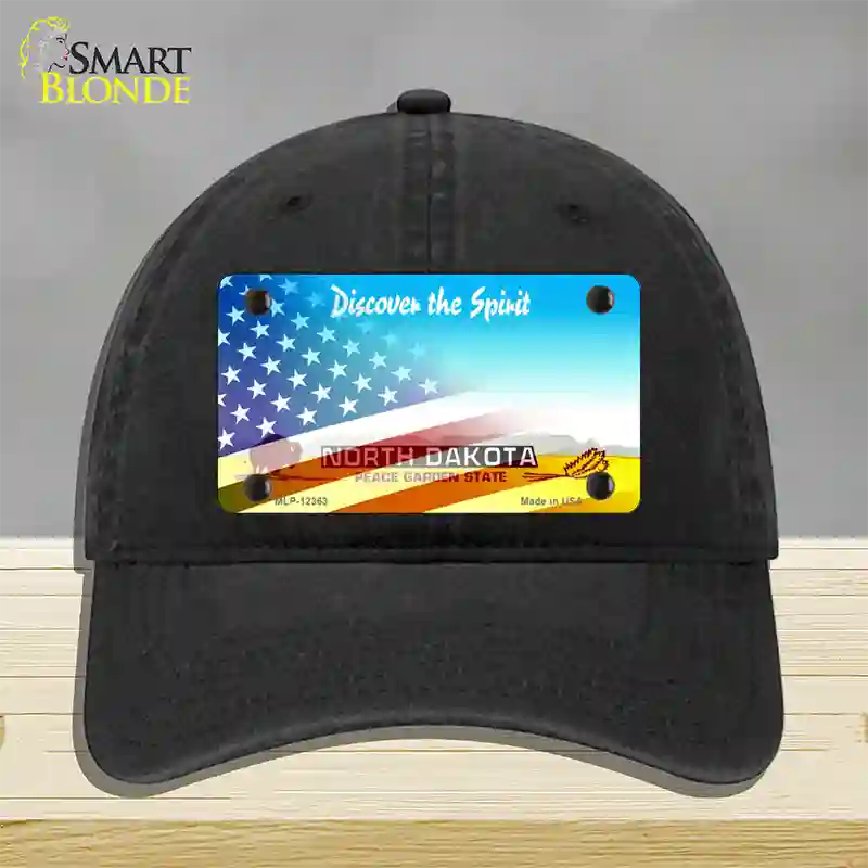 North Dakota with American Flag Novelty License Plate Hat Unconstructed Cotton / Black