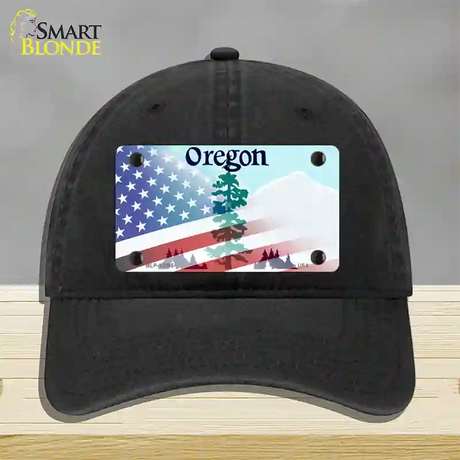 Oregon with American Flag Novelty License Plate Hat Unconstructed Cotton / Black