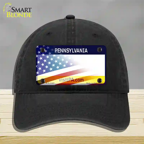 Pennsylvania with American Flag Novelty License Plate Hat Unconstructed Cotton / Black