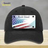 Rhode Island with American Flag Novelty License Plate Hat Unconstructed Cotton / Black