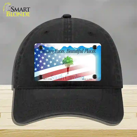 South Carolina with American Flag Novelty License Plate Hat Unconstructed Cotton / Black