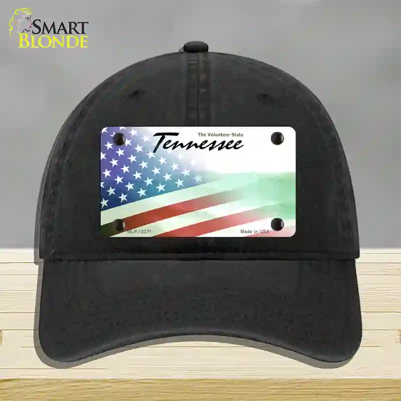 Tennessee with American Flag Novelty License Plate Hat Unconstructed Cotton / Black