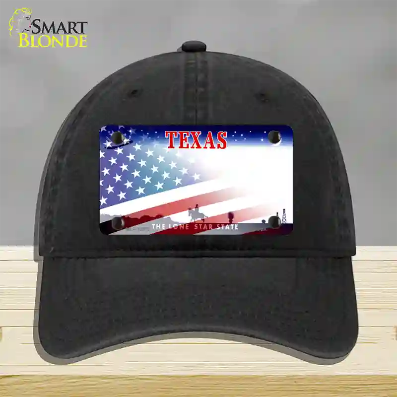 Texas with American Flag Novelty License Plate Hat Unconstructed Cotton / Black