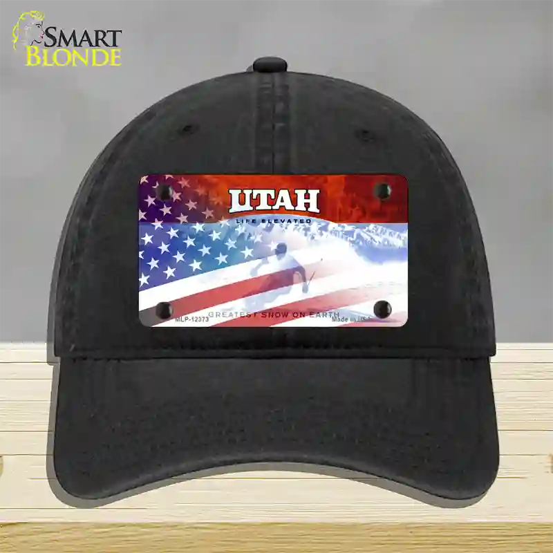 Utah with American Flag Novelty License Plate Hat Unconstructed Cotton / Black