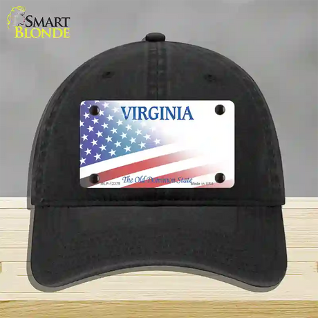 Virginia with American Flag Novelty License Plate Hat Unconstructed Cotton / Black