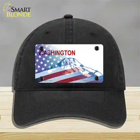 Washington with American Flag Novelty License Plate Hat Unconstructed Cotton / Black