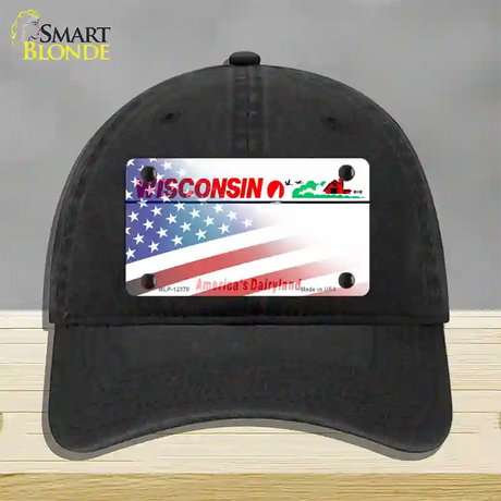 Wisconsin with American Flag Novelty License Plate Hat Unconstructed Cotton / Black