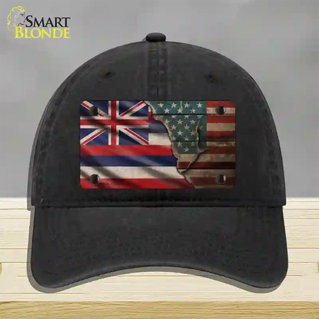 Hawaii/American Flag Novelty License Plate Hat Unconstructed Cotton / Black