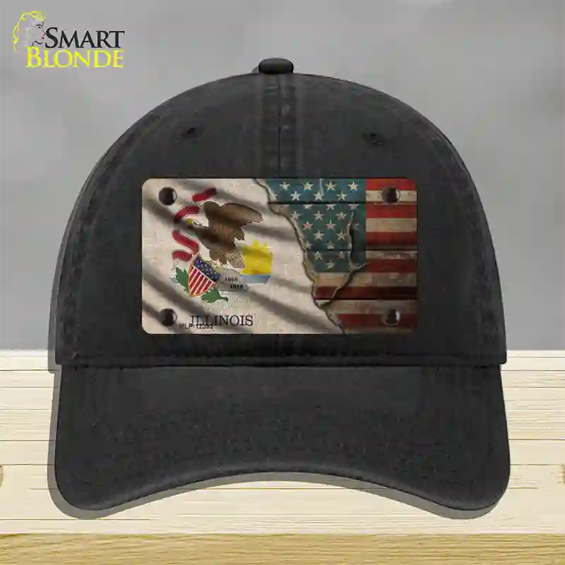 Illinois/American Flag Novelty License Plate Hat Unconstructed Cotton / Black