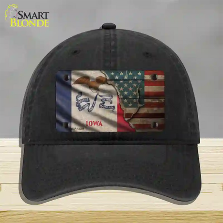 Iowa/American Flag Novelty License Plate Hat Unconstructed Cotton / Black