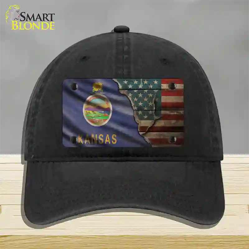 Kansas/American Flag Novelty License Plate Hat Unconstructed Cotton / Black