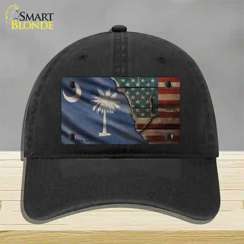 South Carolina/American Flag Novelty License Plate Hat Unconstructed Cotton / Black