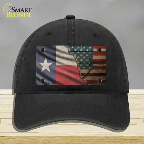 Texas/American Flag Novelty License Plate Hat Unconstructed Cotton / Black