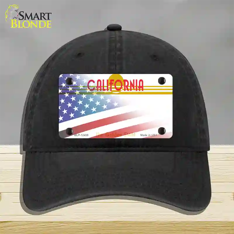 California Golden with American Flag Novelty License Plate Hat Unconstructed Cotton / Black