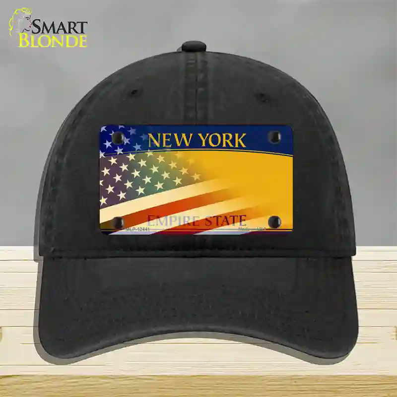 New York Yellow with American Flag Novelty License Plate Hat Unconstructed Cotton / Black