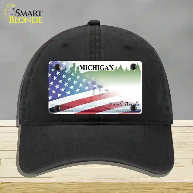 Michigan Peninsulas Plate American Flag Novelty License Plate Hat Unconstructed Cotton / Black