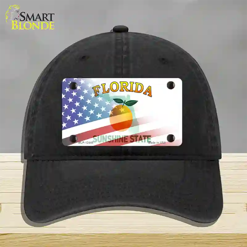 Florida Orange with American Flag Novelty License Plate Hat Unconstructed Cotton / Black