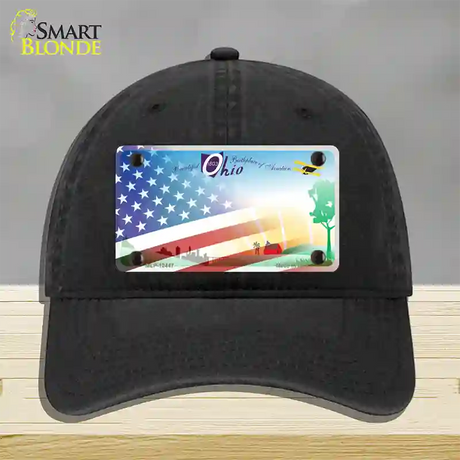 Ohio Birthplace with American Flag Novelty License Plate Hat Unconstructed Cotton / Black