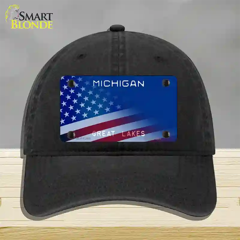 Michigan Great Lakes Plate American Flag Novelty License Plate Hat Unconstructed Cotton / Black