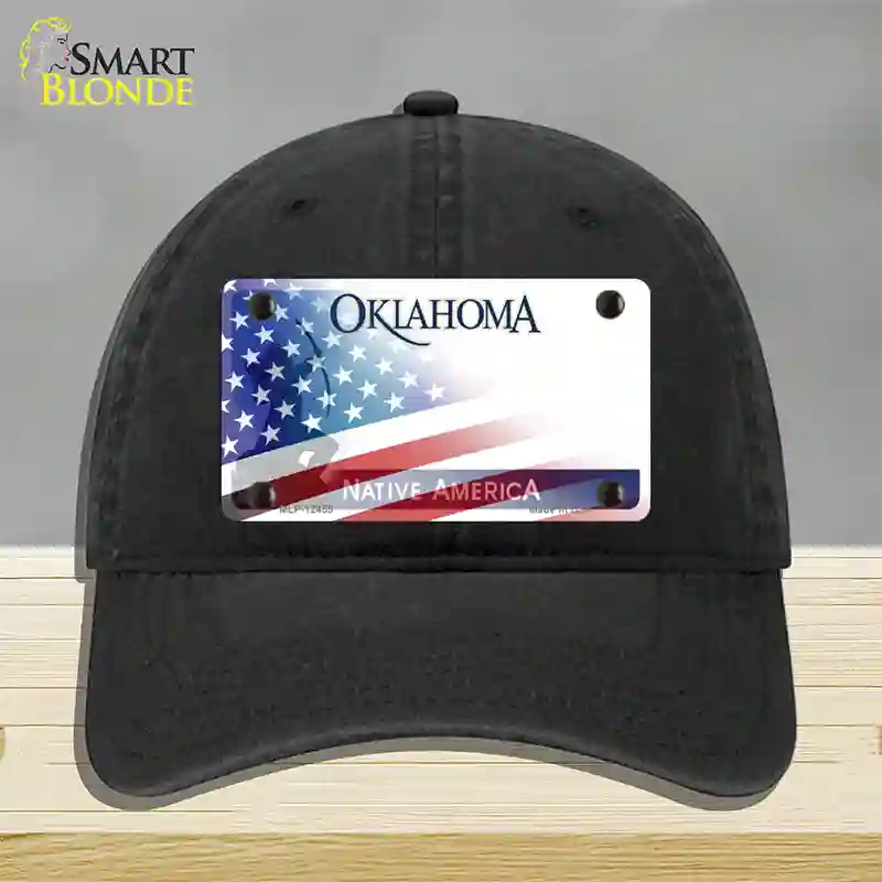 Oklahoma Bow with American Flag Novelty License Plate Hat Unconstructed Cotton / Black