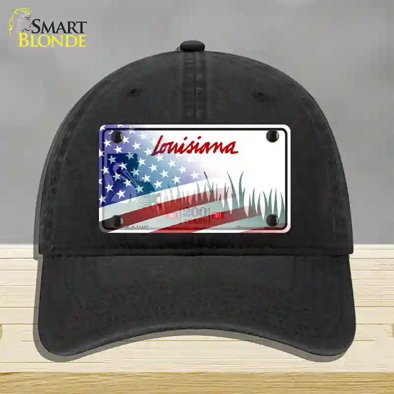 Louisiana 200 Years with American Flag Novelty License Plate Hat Unconstructed Cotton / Black