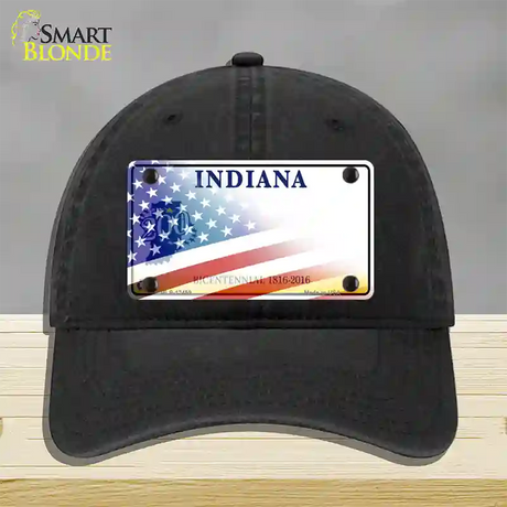 Indiana Bicentennial with American Flag Novelty License Plate Hat Unconstructed Cotton / Black