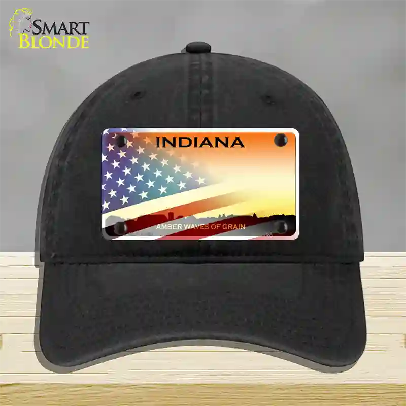 Indiana Amber Waves Plate American Flag Novelty License Plate Hat Unconstructed Cotton / Black