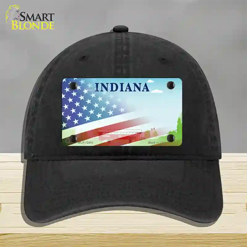 Indiana Bridge Plate American Flag Novelty License Plate Hat Unconstructed Cotton / Black