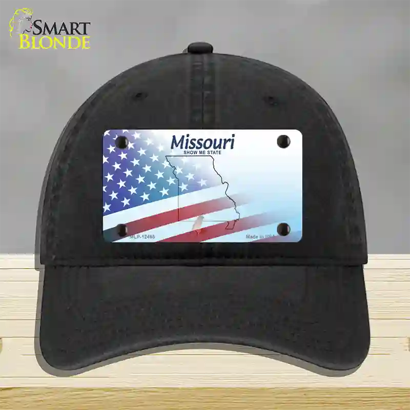 Missouri Show Me with American Flag Novelty License Plate Hat Unconstructed Cotton / Black