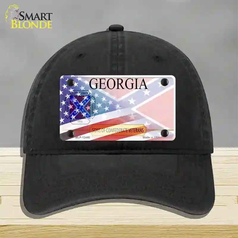 Georgia Confederate Flag American Flag Novelty License Plate Hat Unconstructed Cotton / Black