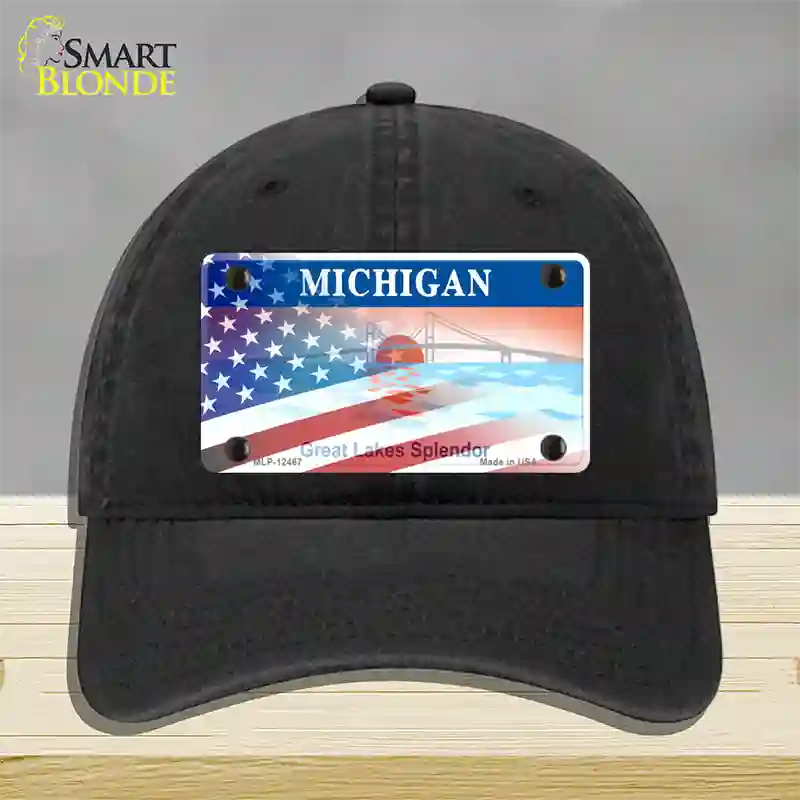 Michigan Splendor with American Flag Novelty License Plate Hat Unconstructed Cotton / Black