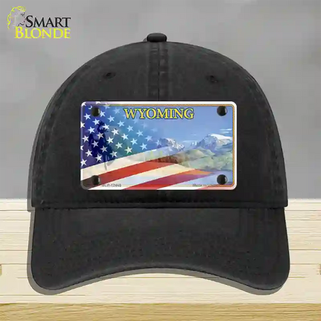 Wyoming State with American Flag Novelty License Plate Hat Unconstructed Cotton / Black