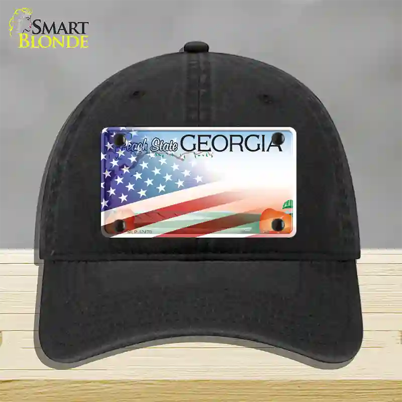 Georgia Peach with American Flag Novelty License Plate Hat Unconstructed Cotton / Black