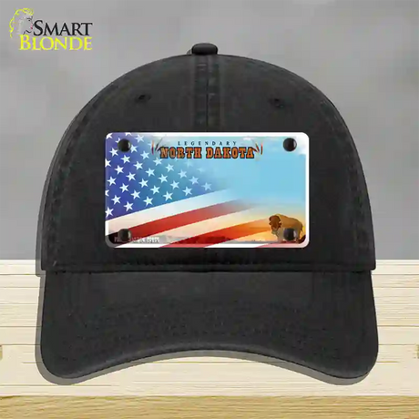 North Dakota Legendary with American Flag Novelty License Plate Hat Unconstructed Cotton / Black