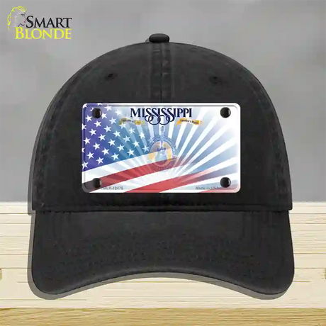 Mississippi Blue with American Flag Novelty License Plate Hat Unconstructed Cotton / Black