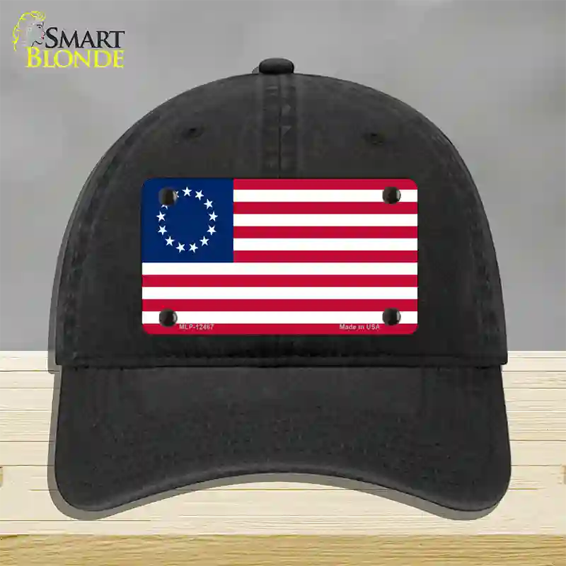 Betsy Ross American Flag Novelty License Plate Hat Unconstructed Cotton / Black