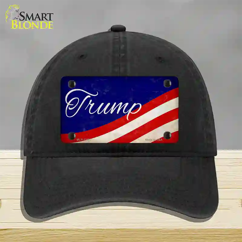 Trump on Waving Flag Novelty License Plate Hat Unconstructed Cotton / Black