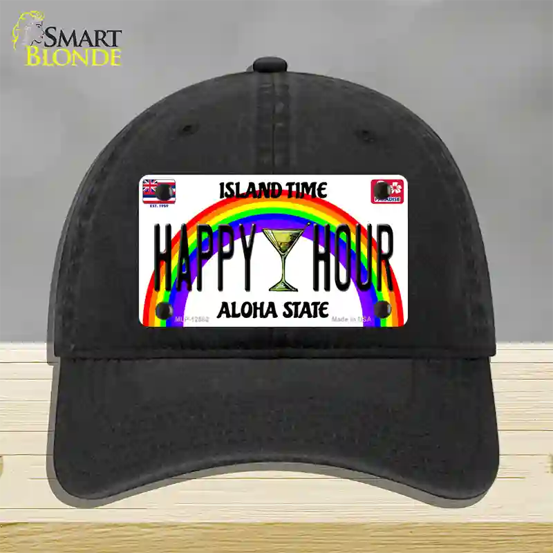 Happy Hour Hawaii Novelty License Plate Hat Unconstructed Cotton / Black