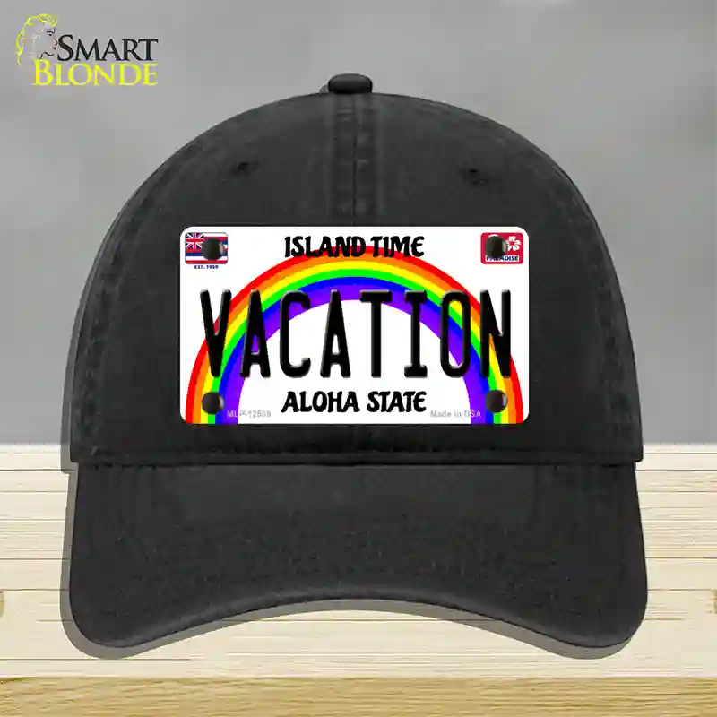 Vacation Hawaii Novelty License Plate Hat Unconstructed Cotton / Black