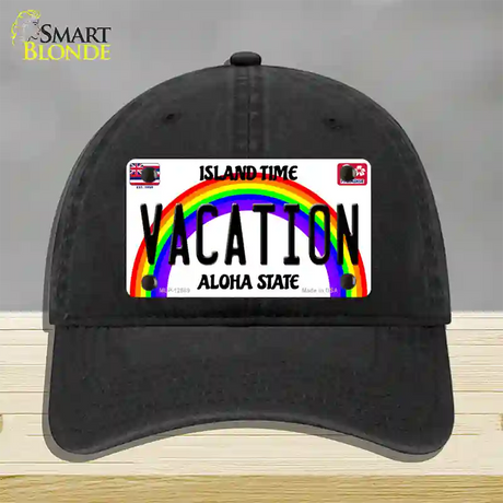 Vacation Hawaii Novelty License Plate Hat Unconstructed Cotton / Black