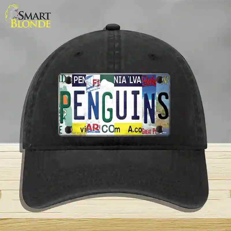 Penguins Strip Art Novelty License Plate Hat Tag Unconstructed Cotton / Black