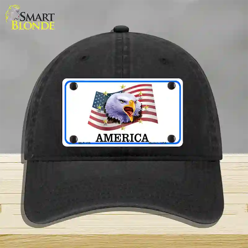 Waving Flag Bald Eagle Novelty License Plate Hat Unconstructed Cotton / Black