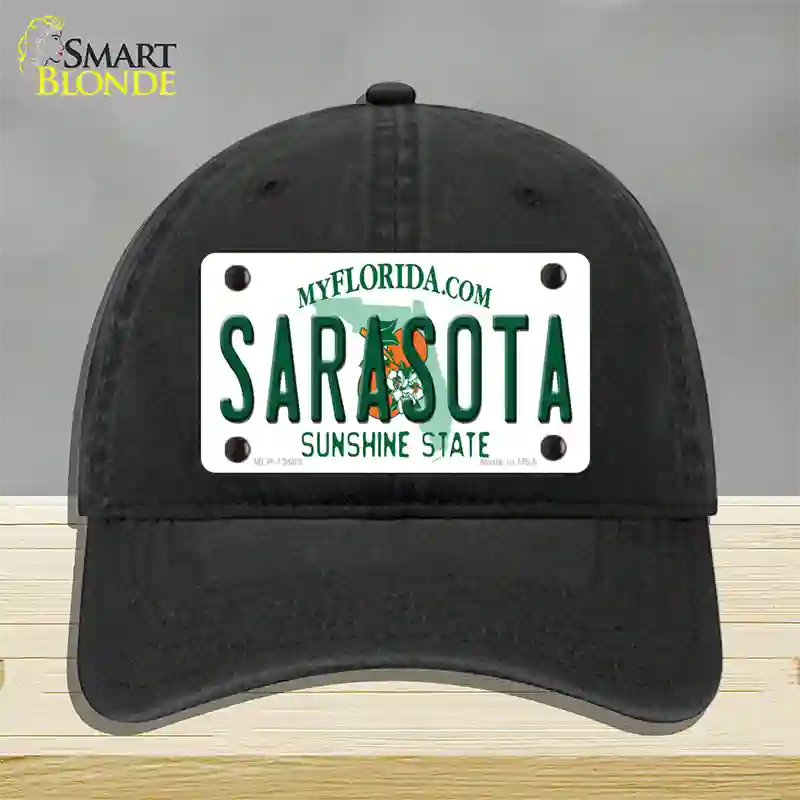 Sarasota Florida Novelty License Plate Hat Unconstructed Cotton / Black