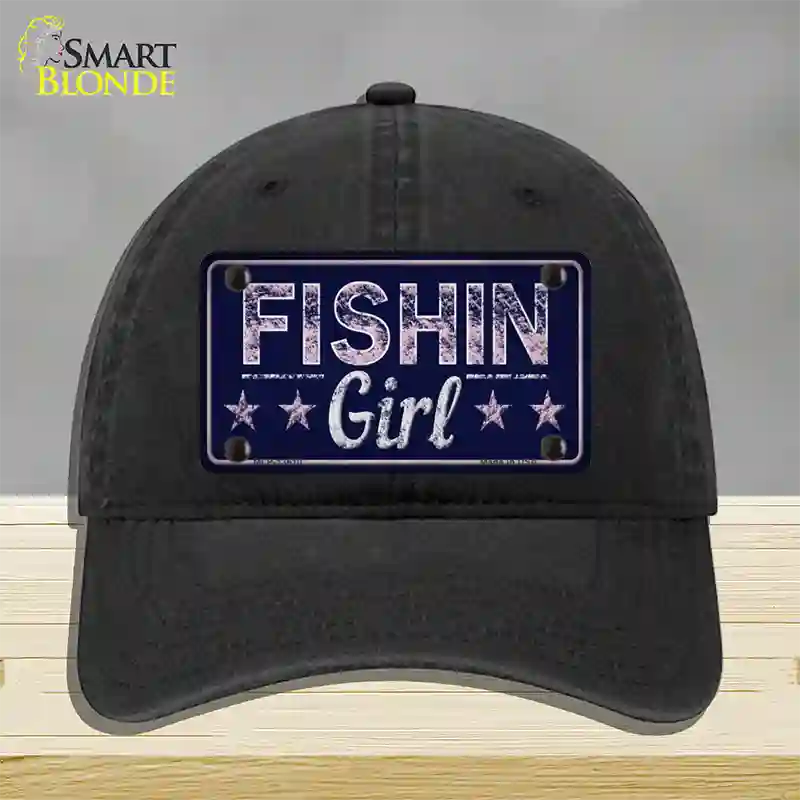 Fishin Girl Novelty License Plate Hat Tag Unconstructed Cotton / Black